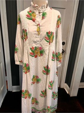 Sara White Maxi Dress with Green, Pink & Yellow Print S, NWOT